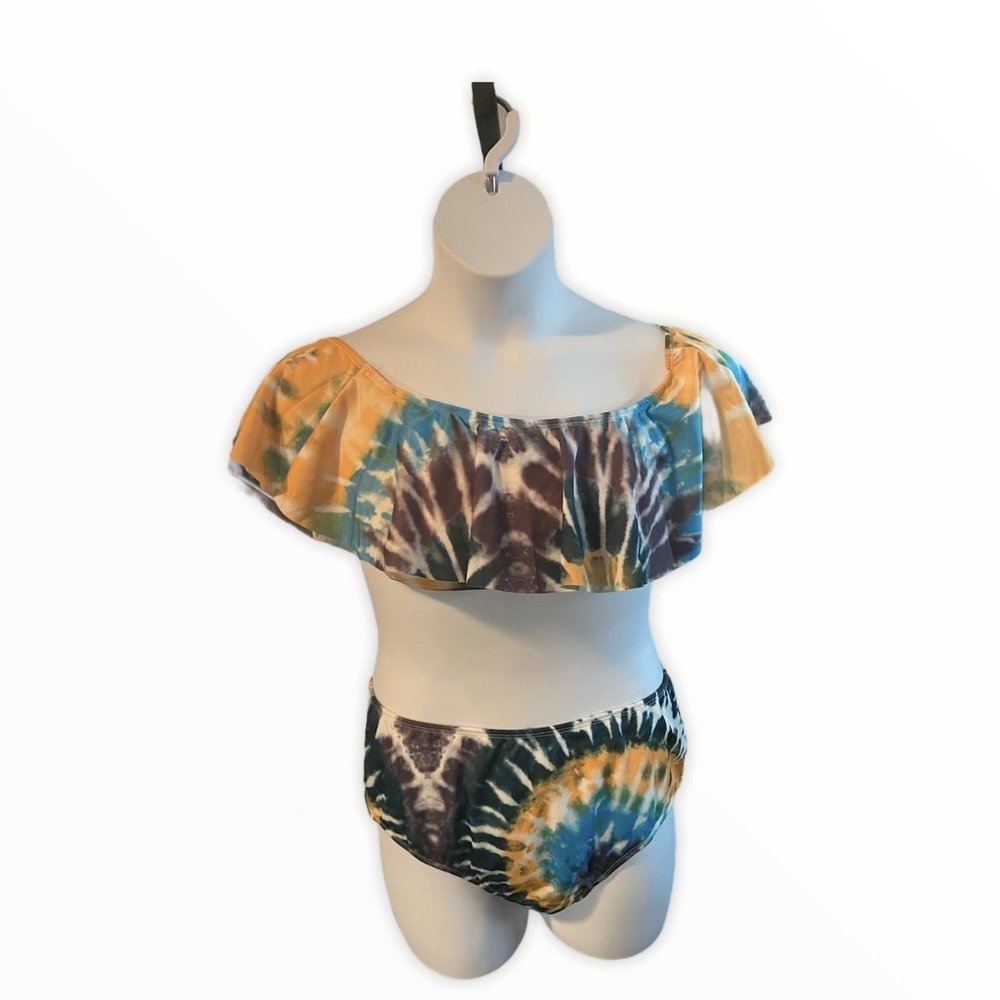 Women's Black Blue Yellow Tie Dye Pattern Flounce Bikini Set